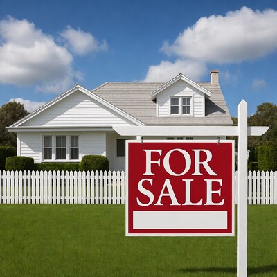 White house with for sale sign