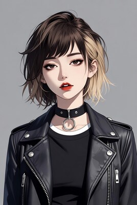 Asian woman in leather jacket choker
