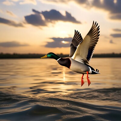 Mallard Duck Flying over Water at Sunset