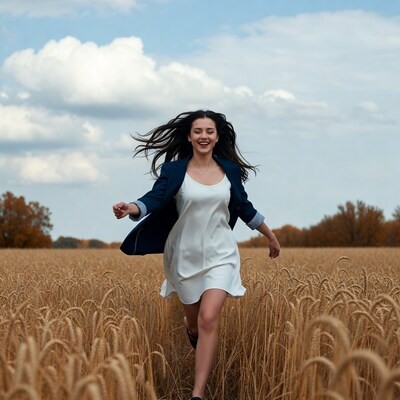 Woman running in wheat field