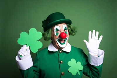 Clown holding shamrock on green background