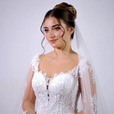 Bride in lace wedding gown with veil
