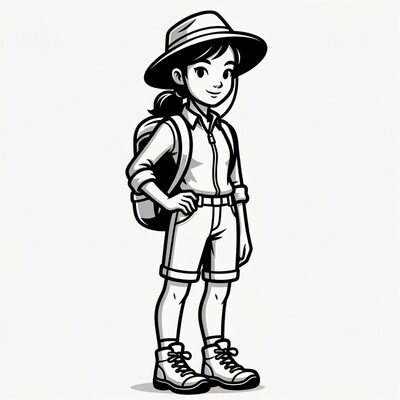 Cartoon girl explorer with hat and backpack