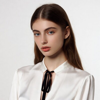 Young woman in white blouse with black bowtie