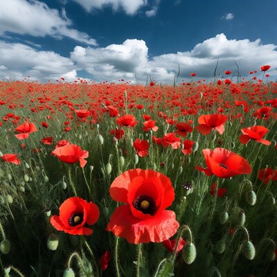 Red Poppy Field Under Blue Sky