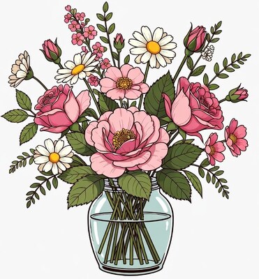Pink Roses and Daisies in Glass Jar