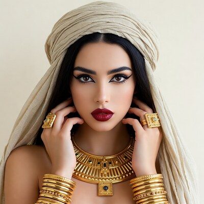 Woman in Egyptian gold jewelry and headscarf