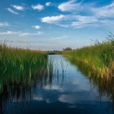 Cattails lining serene water channel
