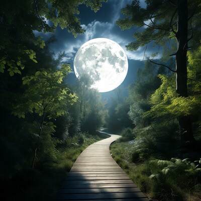 Moonlit Wooden Path in Forest