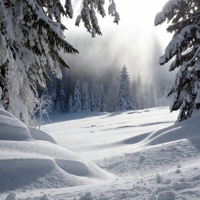 Snowy Pine Forest with Sunbeams