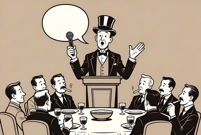 Man in Tuxedo Speaking at Podium to Men