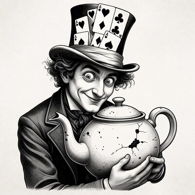 Man with card top hat holding cracked teapot