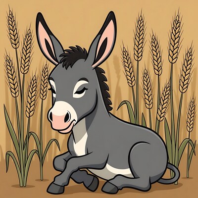 Cartoon Donkey Sitting in Wheat Field