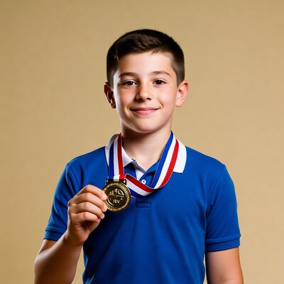 Boy holding gold medal