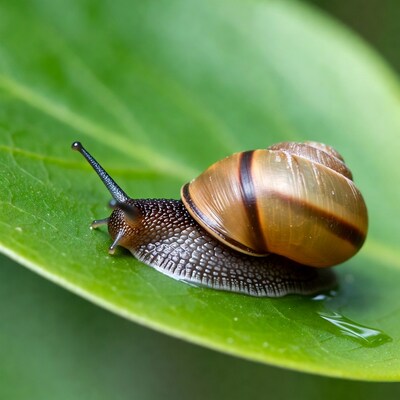 Snail on green leaf