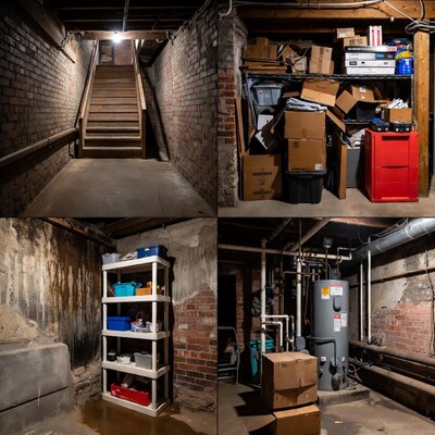 Cluttered Basement Storage with Stairs