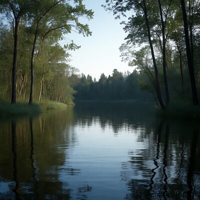 Trees Framing Calm Lake Reflection