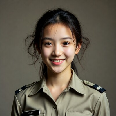 Asian girl in military uniform smiling