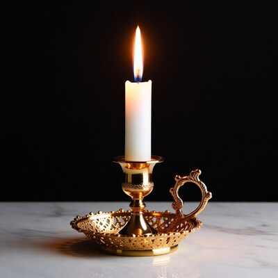 Burning Candle in Gold Candlestick
