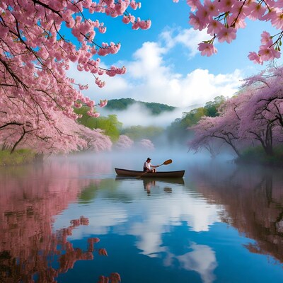 Man rowing canoe under cherry blossoms