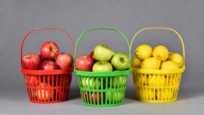 Red Green Apples Lemons in Baskets