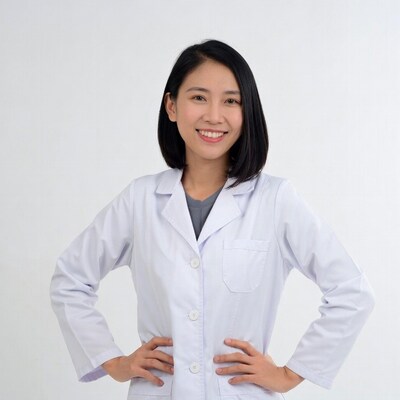 Asian woman in white lab coat