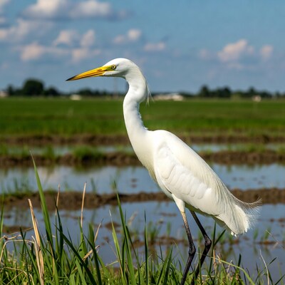 Great Egret in rice fields