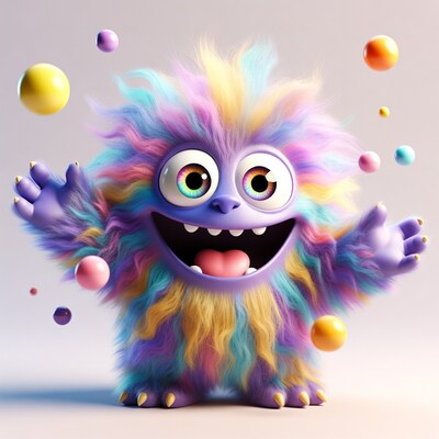 Colorful furry monster with floating balls