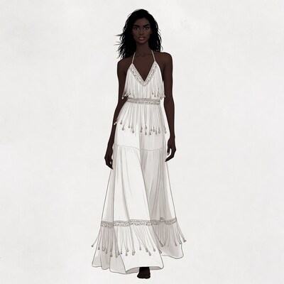Black woman in white fringed maxi dress