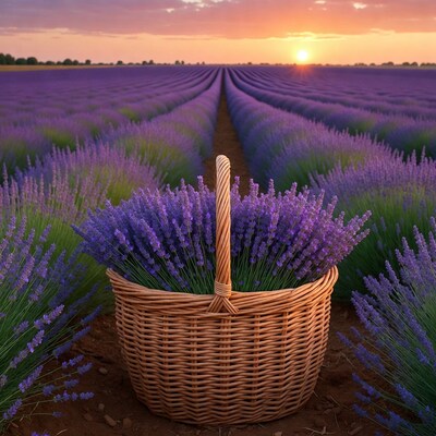 Lavender Bouquet in Wicker Basket Field