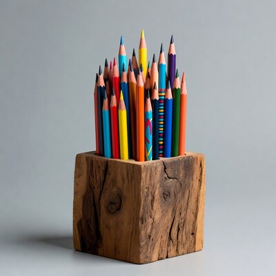 Colorful Pencils in Wooden Holder