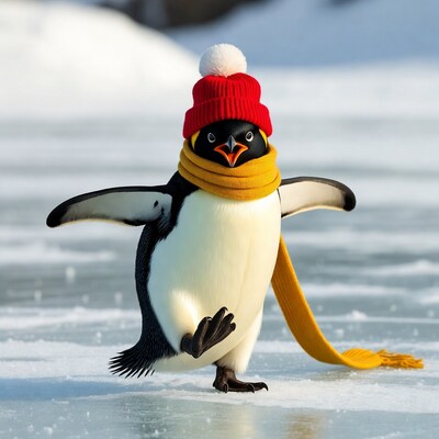 Gentoo Penguin Wearing Red Hat Scarf