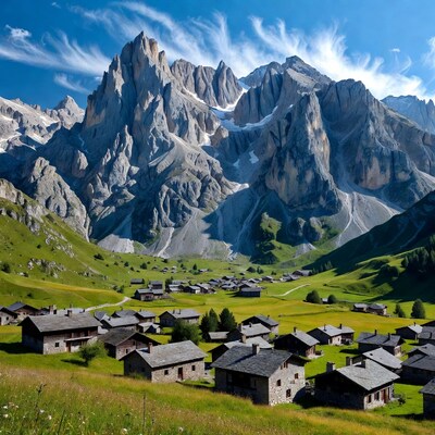 Dolomites Mountains with Alpine Village
