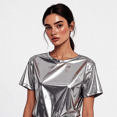 Woman in silver shiny t-shirt
