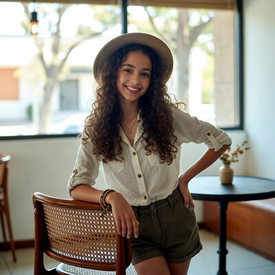 Smiling girl in hat leaning on chair