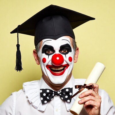 Clown holding graduation diploma