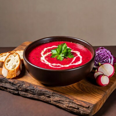 Borscht Soup with Bread and Radishes