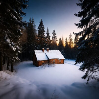 Snowy red cabin in pine forest