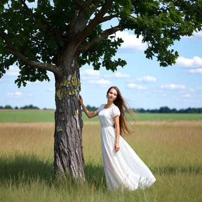 Woman in white dress by tree
