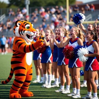 Tiger Mascot with Cheerleaders on Field