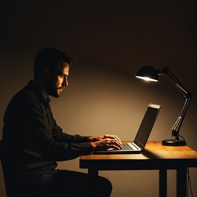 Man working on laptop under desk lamp