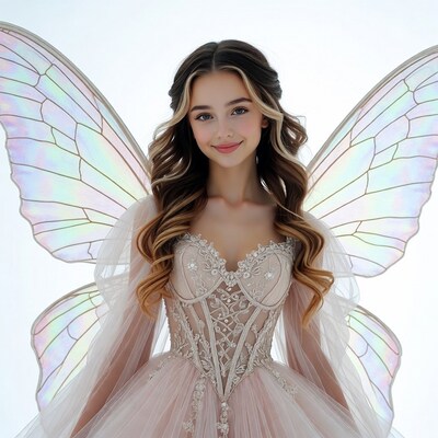Woman in pink fairy dress with wings