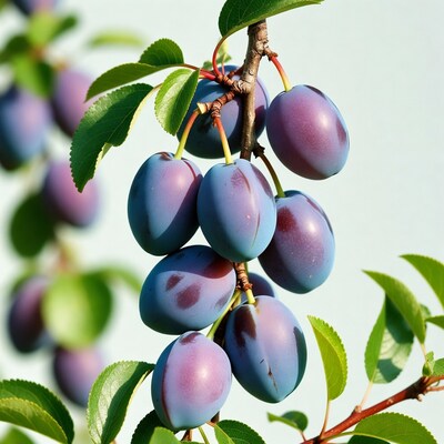 Cluster of ripe plums on branch