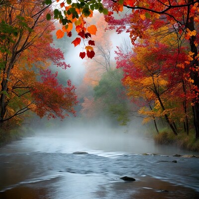 Autumn River in Misty Forest
