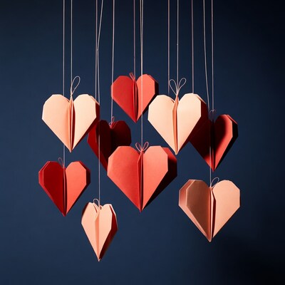 Origami hearts hanging on strings