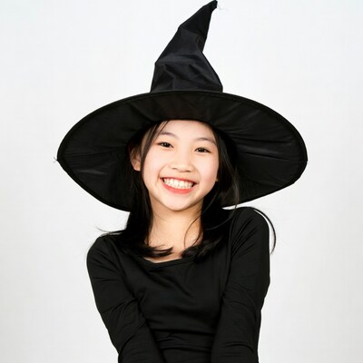 Asian girl smiling in witch hat