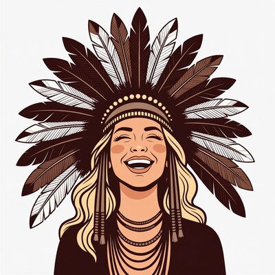 Blonde woman in Native headdress smiling