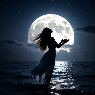 Silhouette woman reaching for moon by sea