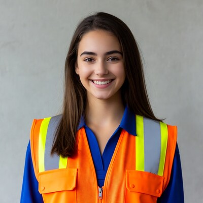 Smiling woman in orange safety vest