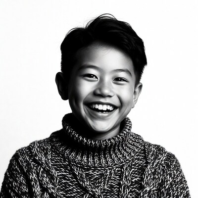 Asian boy smiling in turtleneck sweater